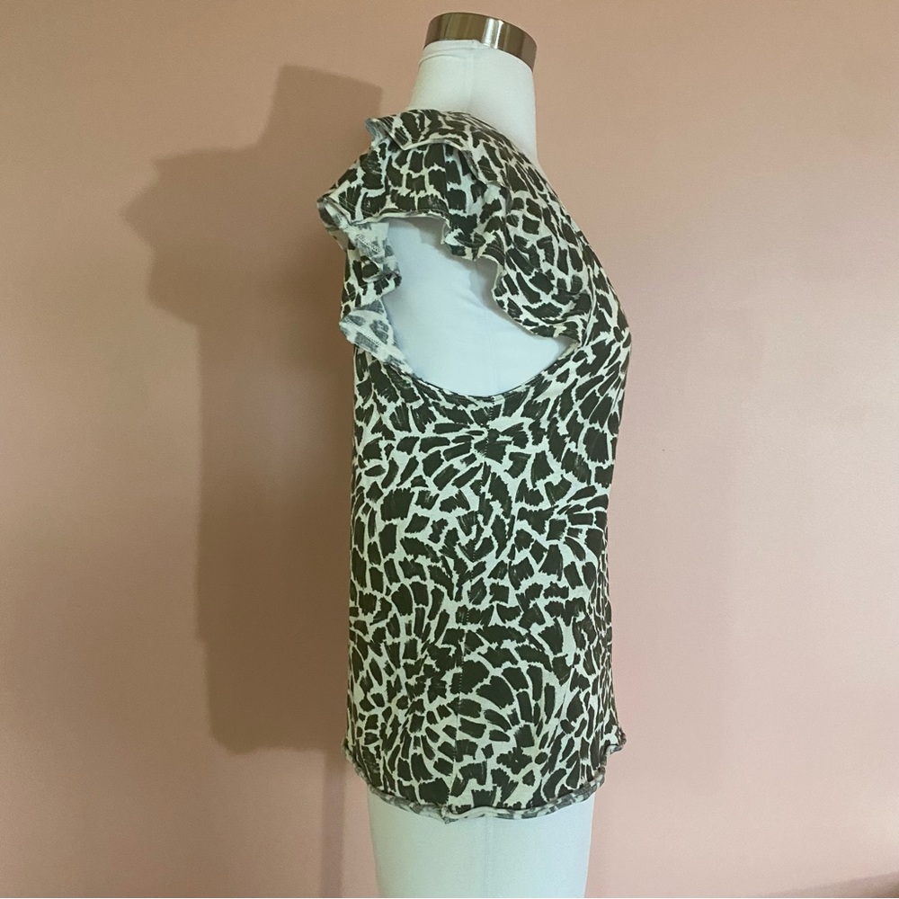 Maeve Catie Ruffle-Sleeved Tee XS Green Geometric Animal Print Anthropologie - Picture 5 of 7